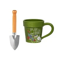 Garden Pot Sculpted Ceramic Cup and Hand Shovel Giftset, 12oz, Gift Box